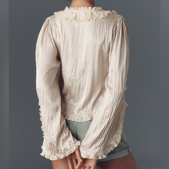Anthropologie Cream Ruffle-Trim Tie Front Blouse - Picture 3 of 7